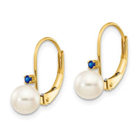 14k 5-5.5mm White Round FW Cultured Pearl Sapphire Leverback Earrings ,