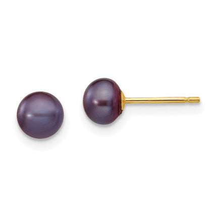 14k 5-6mm Black Button FW Cultured Pearl Stud Post Earrings ,