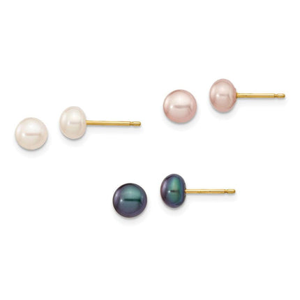 14K 5-6mm Button Freshwater Cultured Pearl Boxed 3 pair Post Earrings Set ,