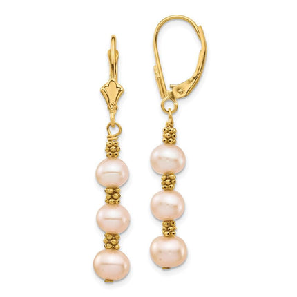 14K 5-6mm Pink Semi-round Freshwater Culutured Pearl Leverback Earrings ,