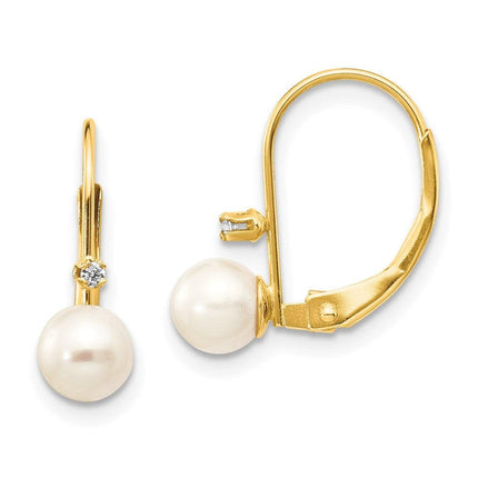 14K 5-6mm Round FW Cultured Pearl .02 ct. Diamond Leverback Earrings ,