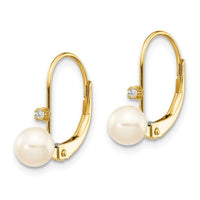 14K 5-6mm Round FW Cultured Pearl .02 ct. Diamond Leverback Earrings ,