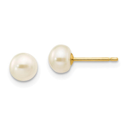 14k 5-6mm White Button Freshwater Cultured Pearl Stud Post Earrings ,