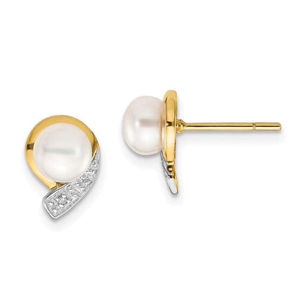 14K 5-6mm White Button FW Cultured Pearl .01ct Diamond Post Earrings ,