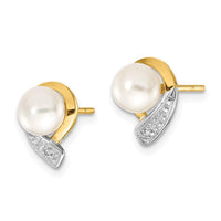 14K 5-6mm White Button FW Cultured Pearl .01ct Diamond Post Earrings ,