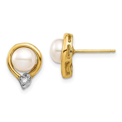 14K 5-6mm White Button FW Cultured Pearl .02ct Diamond Post Earrings ,