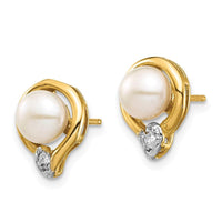 14K 5-6mm White Button FW Cultured Pearl .02ct Diamond Post Earrings ,