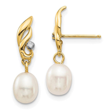 14K 5-6mm White Rice FW Cultured Pearl .02ct Diamond Dangle Earrings ,