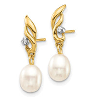 14K 5-6mm White Rice FW Cultured Pearl .02ct Diamond Dangle Earrings ,