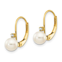 14k 5-6mm White Round FW Cultured Pearl AA Diamond Leverback Earrings ,