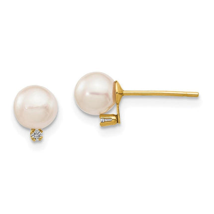 14k 5-6mm White Round Saltwater Akoya Cultured Pearl Diamond Post Earrings ,