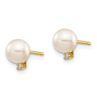 14k 5-6mm White Round Saltwater Akoya Cultured Pearl Diamond Post Earrings ,