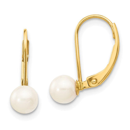 14k 5-6mm White Round Saltwater Akoya Cultured Pearl Leverback Earrings ,
