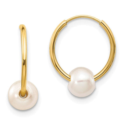 14k 5-6mm White Semi-round Freshwater Cultured Pearl Endless Hoop Earrings ,