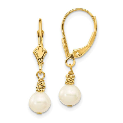 14K 5-6mm White Semi-round Freshwater Cultured Pearl Leverback Earrings ,