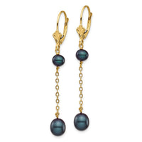 14K 5-7mm Black Rice Freshwater Cultured Pearl Leverback Earrings ,