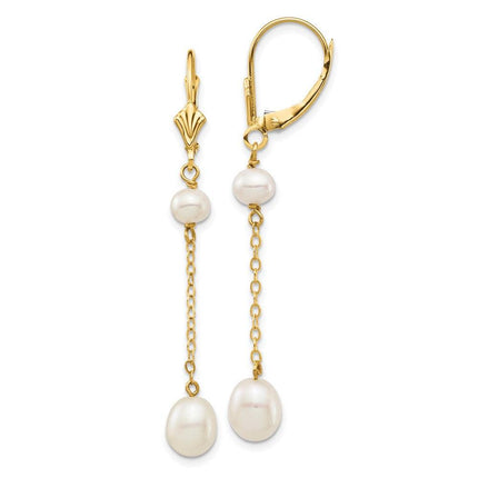 14K 5-7mm White Rice Freshwater Cultured Pearl Leverback Earrings ,