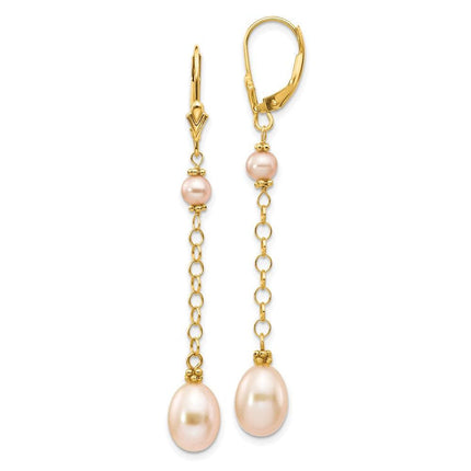 14K 5-8mm Pink Freshwater Cultured Pearl Leverback Earrings ,
