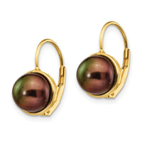 14K 6-7mm Black Button Freshwater Cultured Pearl Leverback Earrings ,