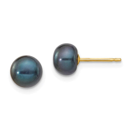 14k 6-7mm Black Button FW Cultured Pearl Stud Post Earrings ,