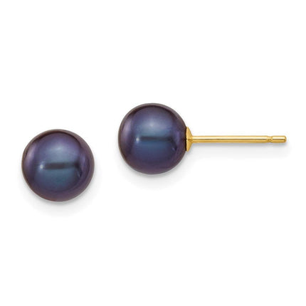 14k 6-7mm Black Round Freshwater Cultured Pearl Stud Post Earrings ,