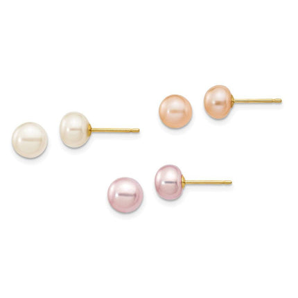 14k 6-7mm Button Freshwater Cultured Pearl Boxed 3 pair Post Earrings Set ,