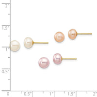 14k 6-7mm Button Freshwater Cultured Pearl Boxed 3 pair Post Earrings Set ,