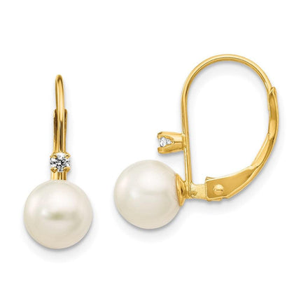 14K 6-7mm Round FW Cultured Pearl .06ct. Diamond Leverback Earrings ,