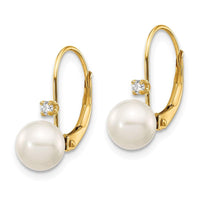 14K 6-7mm Round FW Cultured Pearl .06ct. Diamond Leverback Earrings ,