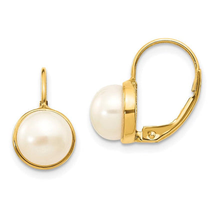14K 6-7mm White Button Freshwater Cultured Pearl Leverback Earrings ,