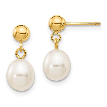 14k 6-7mm White Rice Freshwater Cultured Pearl Dangle Post Earrings ,