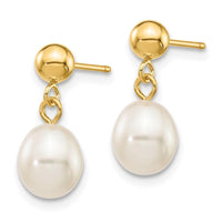 14k 6-7mm White Rice Freshwater Cultured Pearl Dangle Post Earrings ,