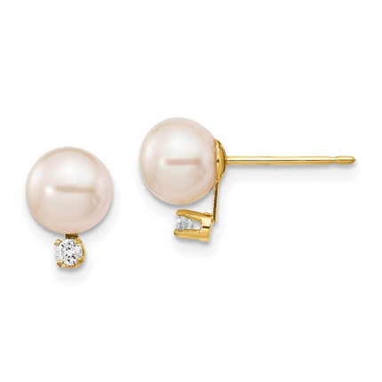 14k 6-7mm White Round Freshwater Cultured Pearl .06ct Diamond Post Earrings ,