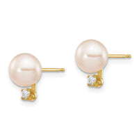 14k 6-7mm White Round Freshwater Cultured Pearl .06ct Diamond Post Earrings ,