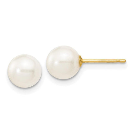 14k 6-7mm White Round Freshwater Cultured Pearl Stud Post Earrings ,