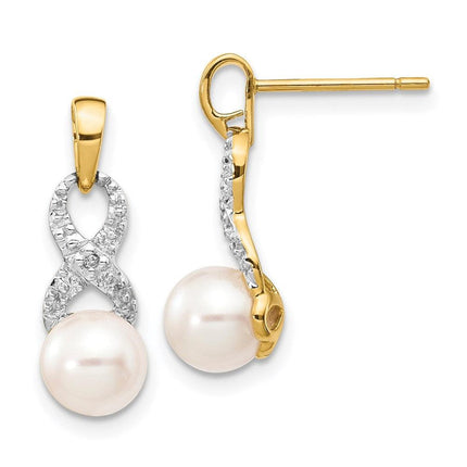 14k 6-7mm White Round FW Cultured Pearl .01 Diamond Dangle Earrings ,