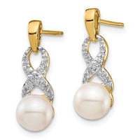 14k 6-7mm White Round FW Cultured Pearl .01 Diamond Dangle Earrings ,