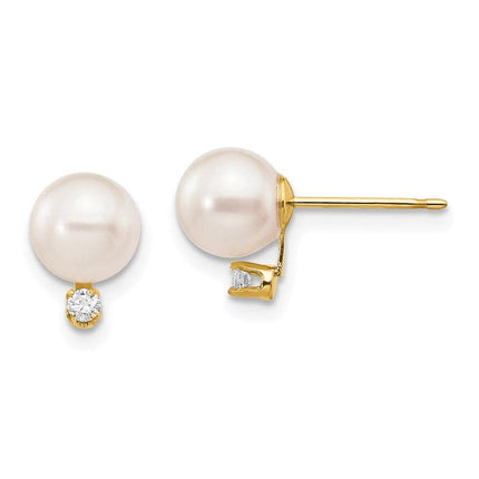 14k 6-7mm White Round Saltwater Akoya Cultured Pearl Diamond Post Earrings ,