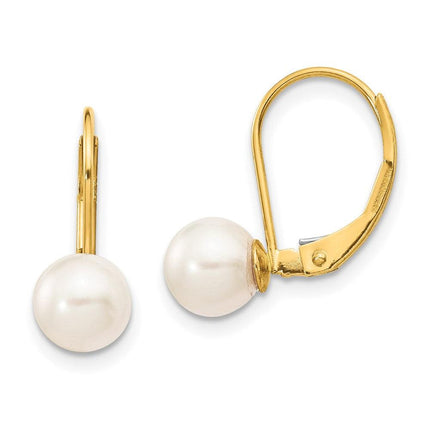 14k 6-7mm White Round Saltwater Akoya Cultured Pearl Leverback Earrings ,