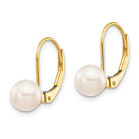 14k 6-7mm White Round Saltwater Akoya Cultured Pearl Leverback Earrings ,