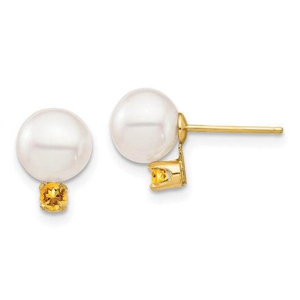 14K 7-7.5mm White Round Freshwater Cultured Pearl Citrine Post Earrings ,