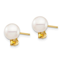14K 7-7.5mm White Round Freshwater Cultured Pearl Citrine Post Earrings ,