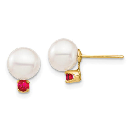 14K 7-7.5mm White Round Freshwater Cultured Pearl Ruby Post Earrings ,