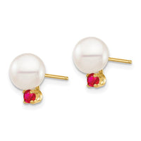 14K 7-7.5mm White Round Freshwater Cultured Pearl Ruby Post Earrings ,