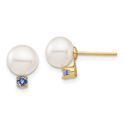 14K 7-7.5mm White Round Freshwater Cultured Pearl Tanzanite Post Earrings ,