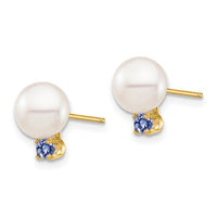 14K 7-7.5mm White Round Freshwater Cultured Pearl Tanzanite Post Earrings ,