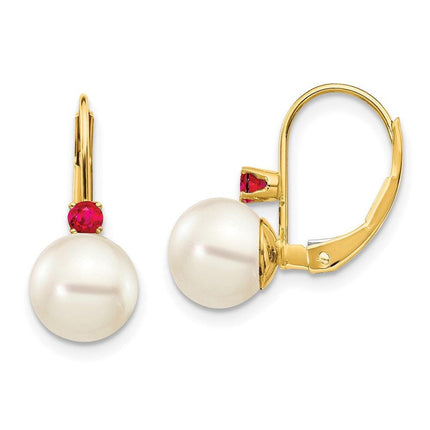 14k 7-7.5mm White Round FW Cultured Pearl Ruby Leverback Earrings ,