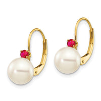 14k 7-7.5mm White Round FW Cultured Pearl Ruby Leverback Earrings ,