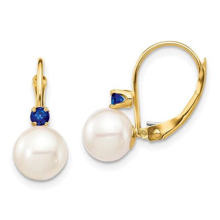 14K 7-7.5mm White Round FWC Pearl Sapphire Leverback Earrings ,