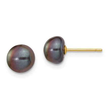 14k 7-8mm Black Button FW Cultured Pearl Stud Post Earrings ,